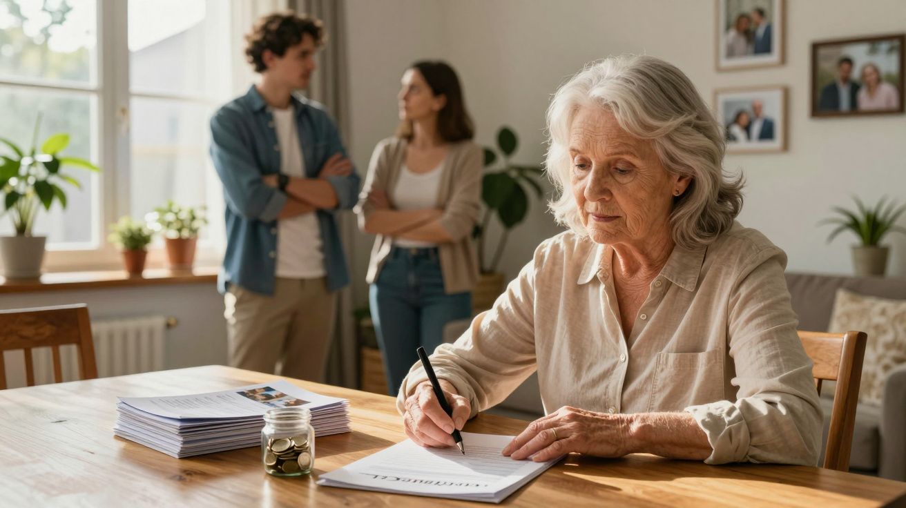 Idosa a assinar documentos à mesa enquanto casal discute ao fundo numa sala de estar acolhedora.
