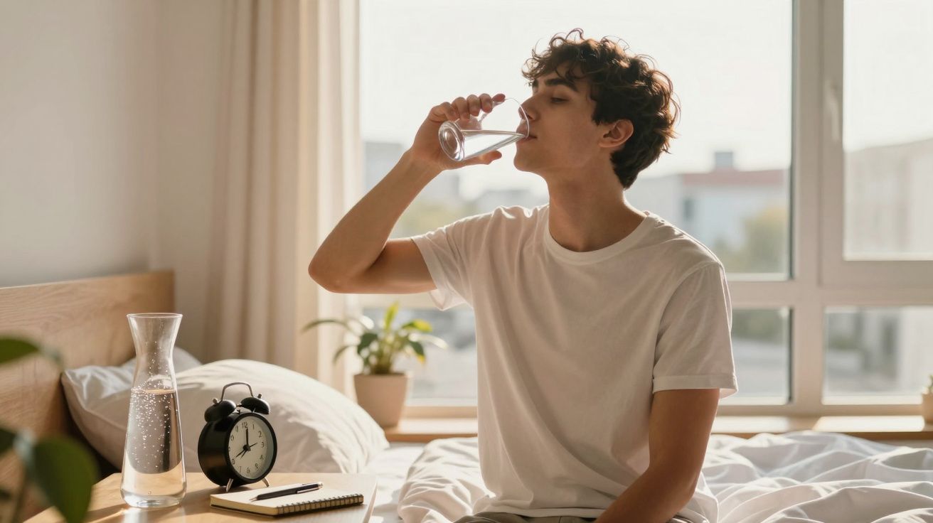 Jovem sentado na cama a beber um copo de água num quarto iluminado pela luz natural da janela.
