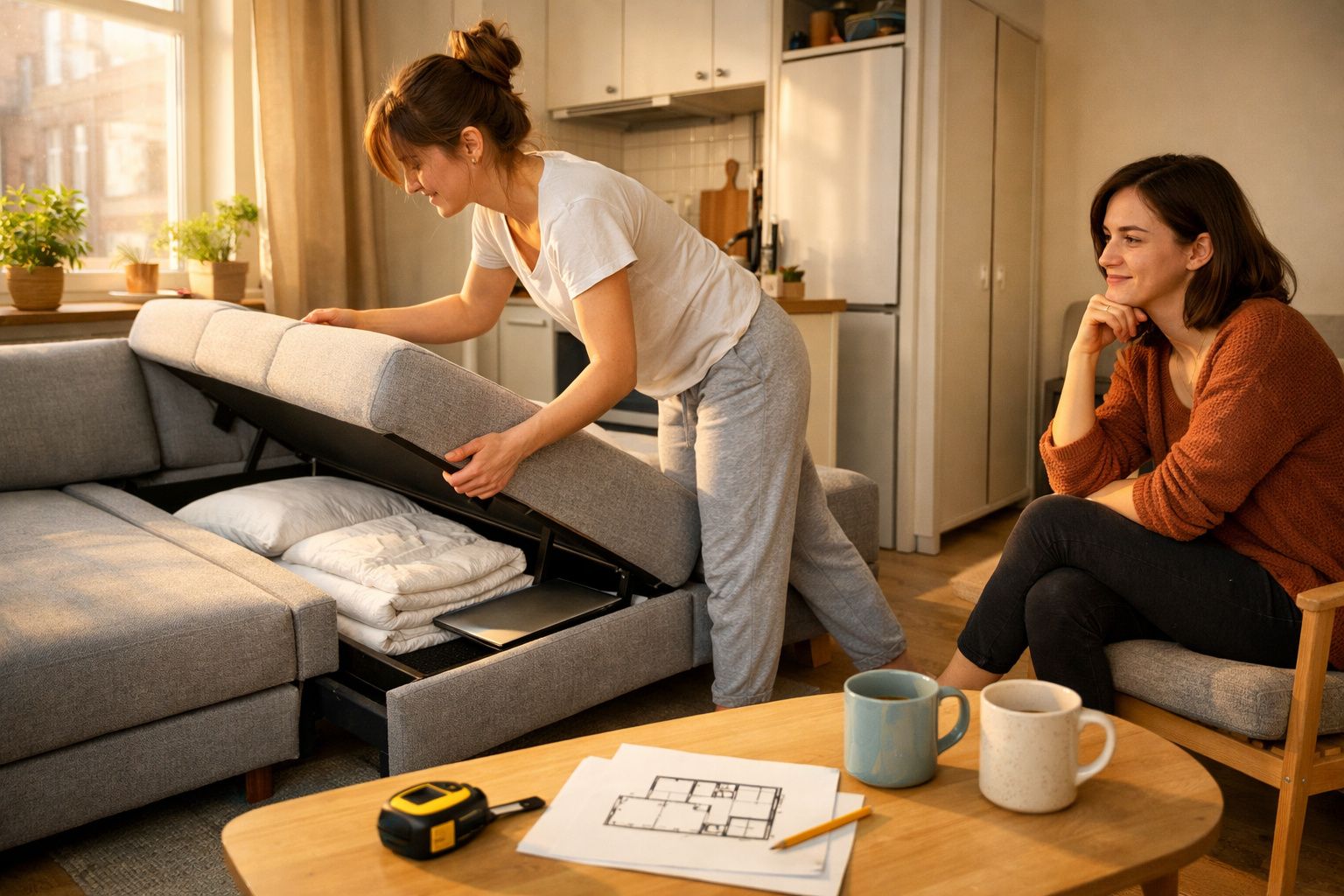 Duas mulheres numa sala, uma abre arrumação no sofá enquanto a outra observa sentada numa cadeira.