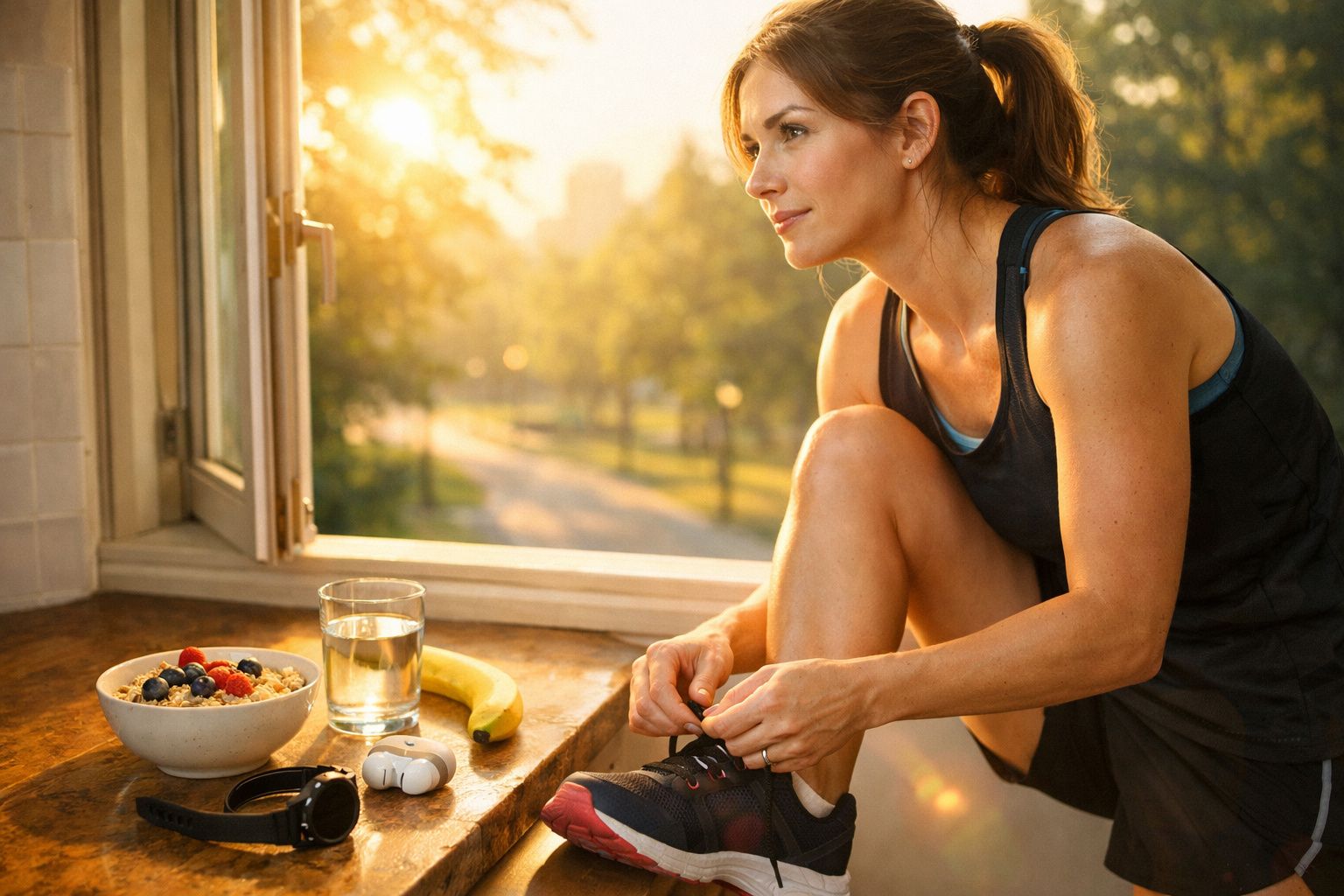 Mulher amarrando o ténis junto a janela com pequeno-almoço saudável e fones de ouvido.