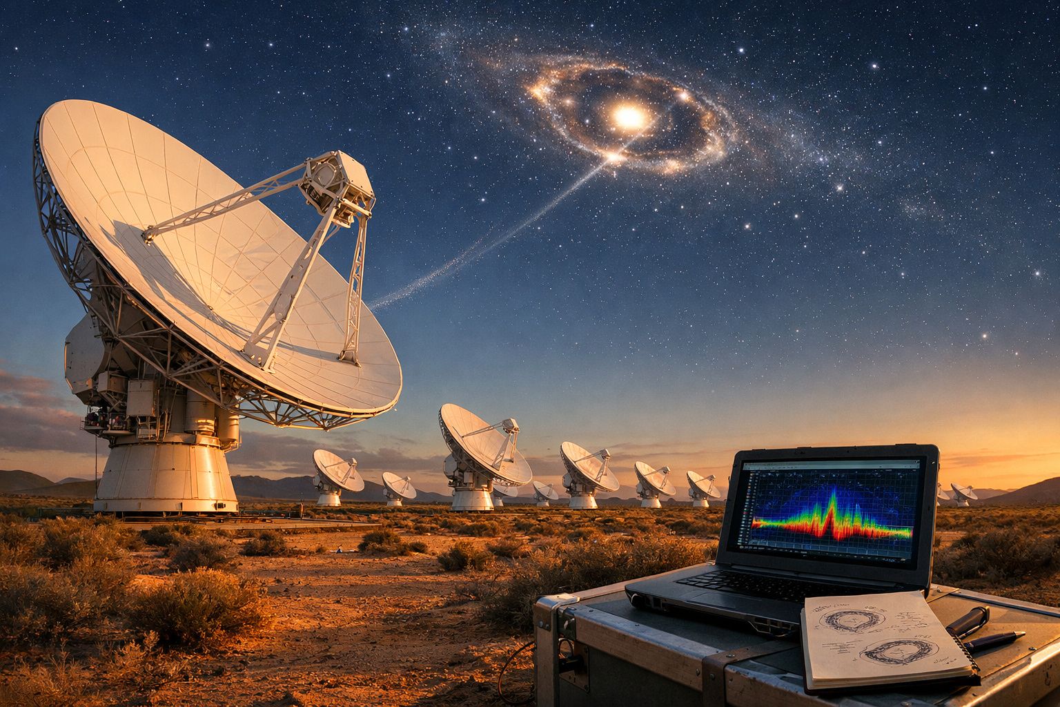 Conjunto de antenas parabólicas num deserto ao pôr do sol a captar sinais de uma galáxia brilhante no céu estrelado.