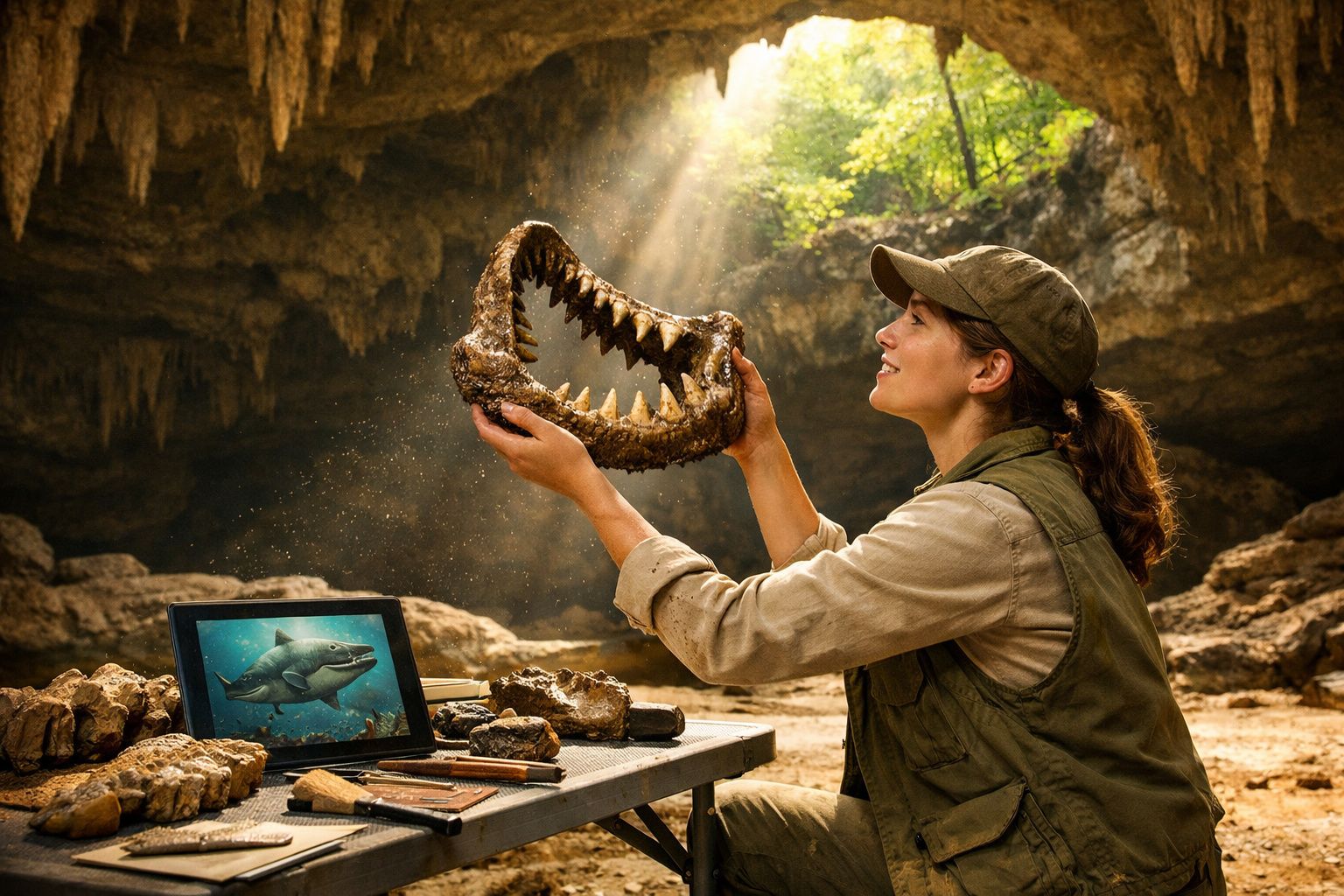 Mulher arqueóloga segura mandíbula fóssil gigante numa gruta iluminada e estalactites no tecto.