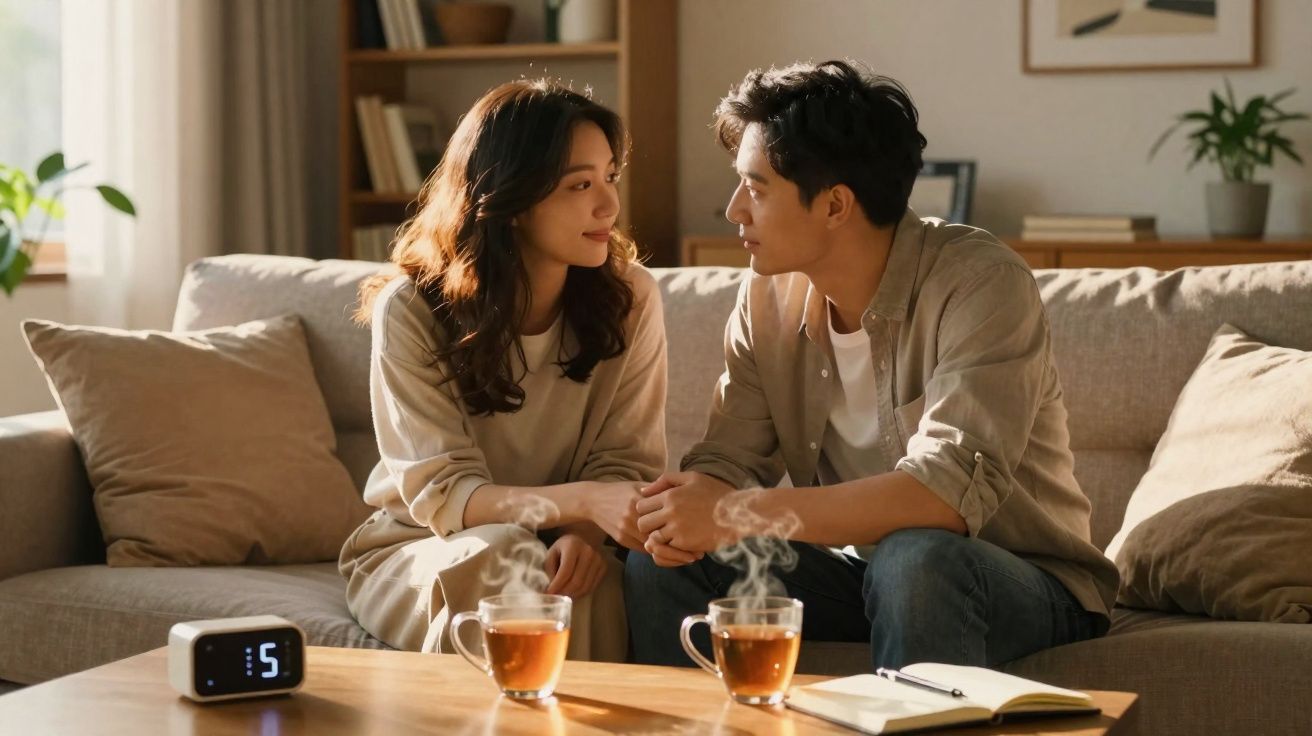 Casal sentado no sofá de casa, de mãos dadas, olhando-se apaixonadamente, com chá quente na mesa.