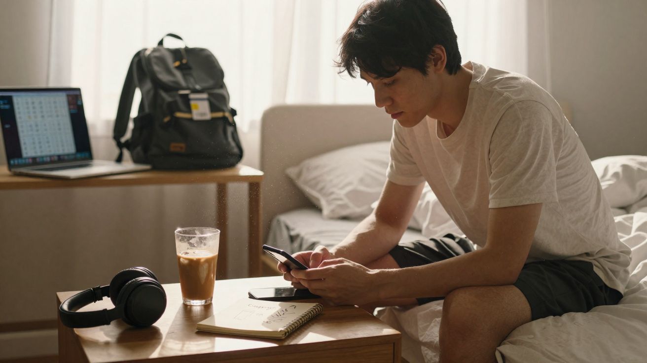 Jovem sentado na cama a usar o telemóvel, com café, caderno e auscultadores numa mesa à sua frente.