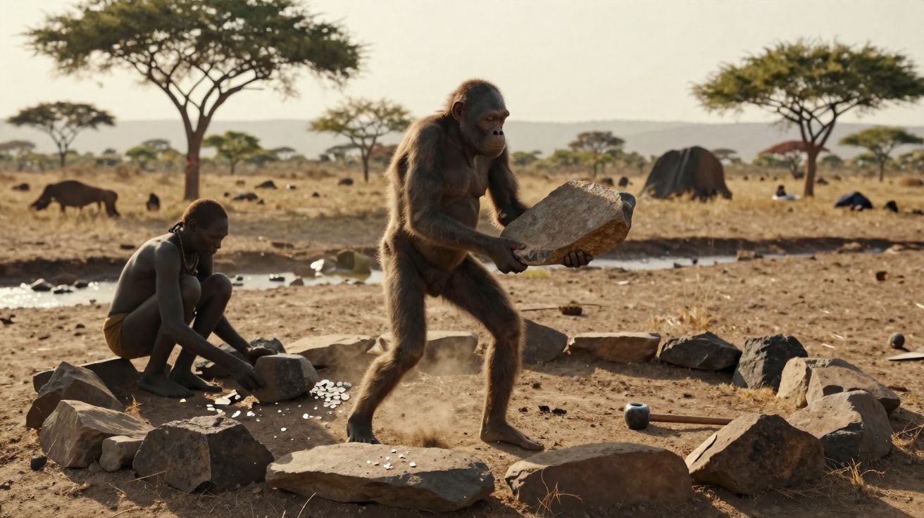 Simulação de hominídeo a manusear pedra enquanto humano ancestral trabalha ao lado num acampamento pré-histórico.