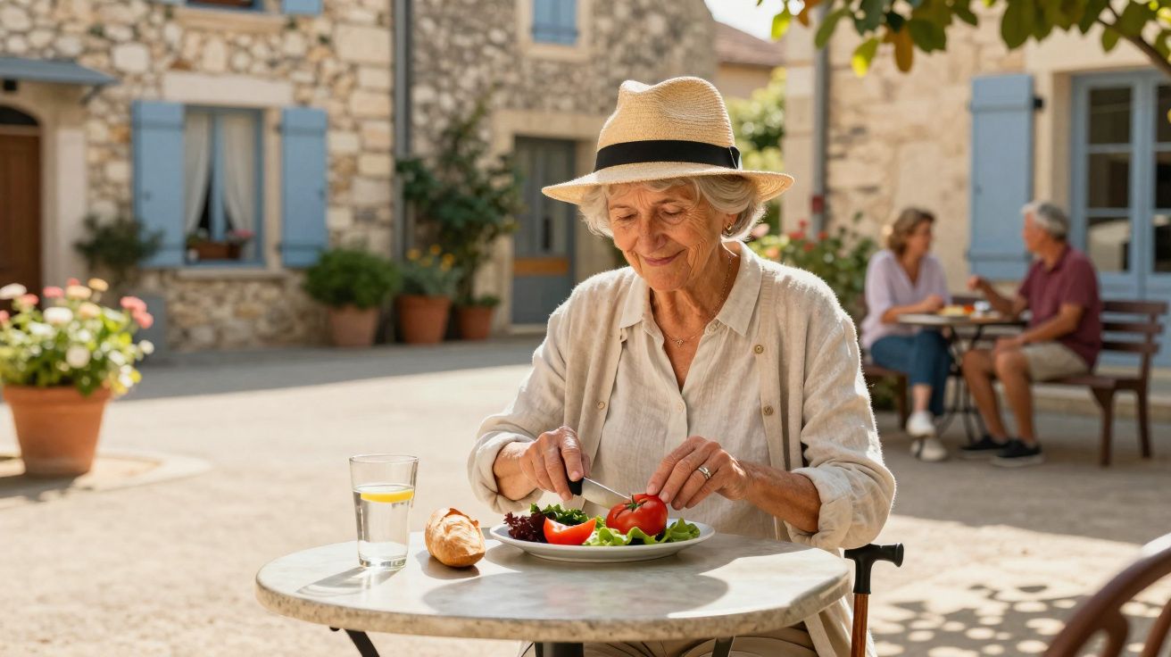 Mulher idosa a comer uma salada ao ar livre numa esplanada com edifícios de pedra ao fundo.