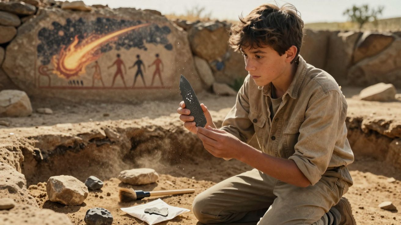 Rapaz em escavação arqueológica a examinar ferramenta de pedra com pintura rupestre ao fundo.