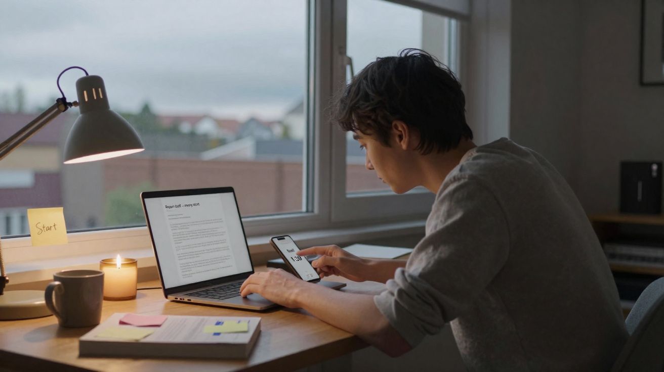 Pessoa sentada numa secretária, a usar telemóvel e portátil, com janela e candeeiro ao lado iluminado.