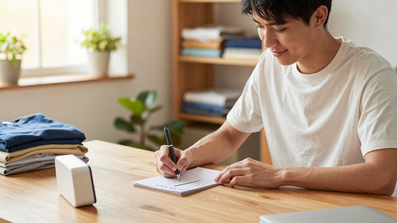 Homem a escrever numa folha sobre uma mesa de madeira, com roupas dobradas e plantas ao fundo.