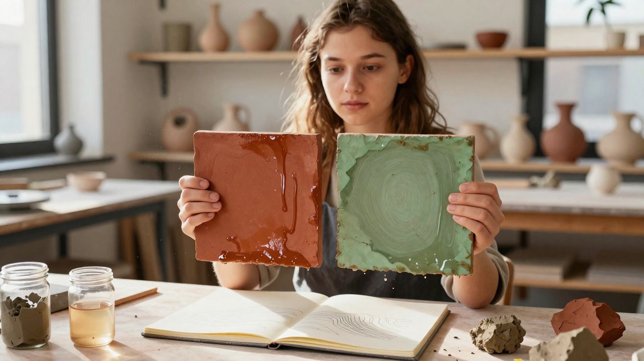 Mulher a comparar duas peças de cerâmica, uma castanha e outra verde, numa oficina de olaria.