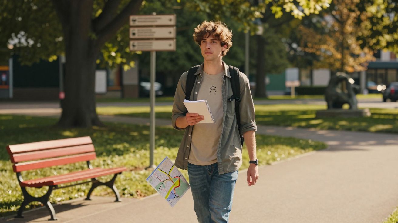 Jovem com mochila caminha num parque, segurando um caderno e um mapa colorido na mão.