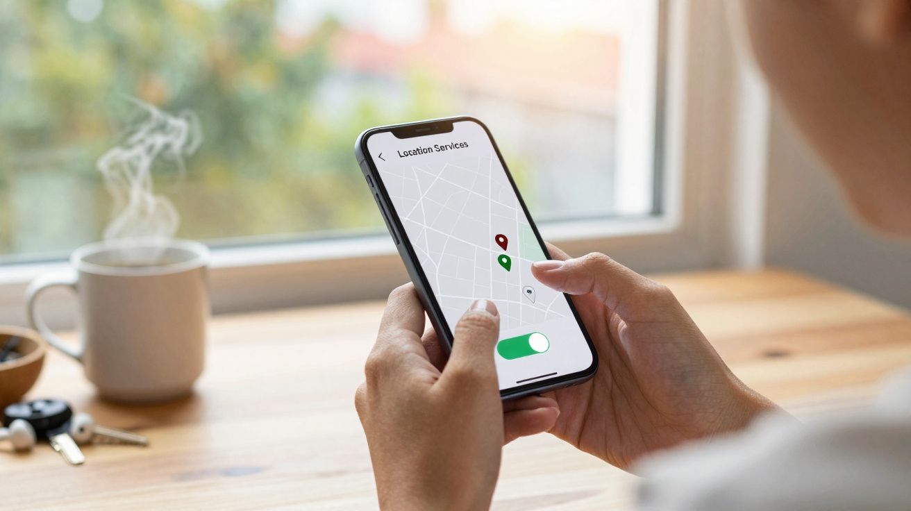 Pessoa a usar aplicação de localização num smartphone junto a uma chávena de café fumegante numa mesa de madeira.