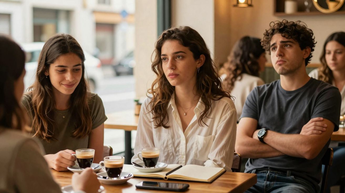 Grupo de jovens sentados à mesa num café, com duas pessoas a beber café e uma a ouvir atentamente.