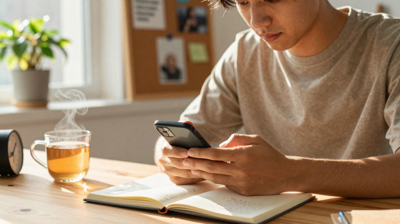 Pessoa sentada à mesa a usar telemóvel com caderno aberto e chá quente fumegante ao lado.