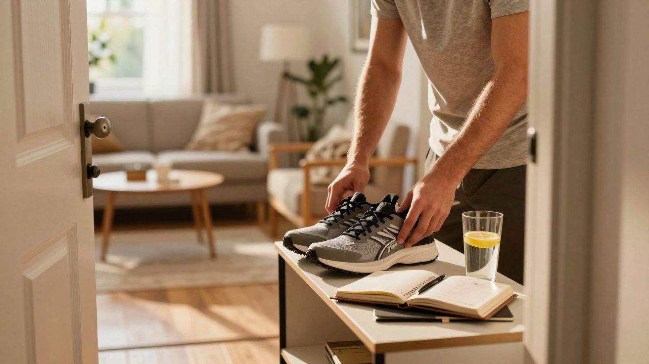 Pessoa a colocar ténis cinzentos numa mesa junto a uma sala iluminada com copo de água e caderno aberto.