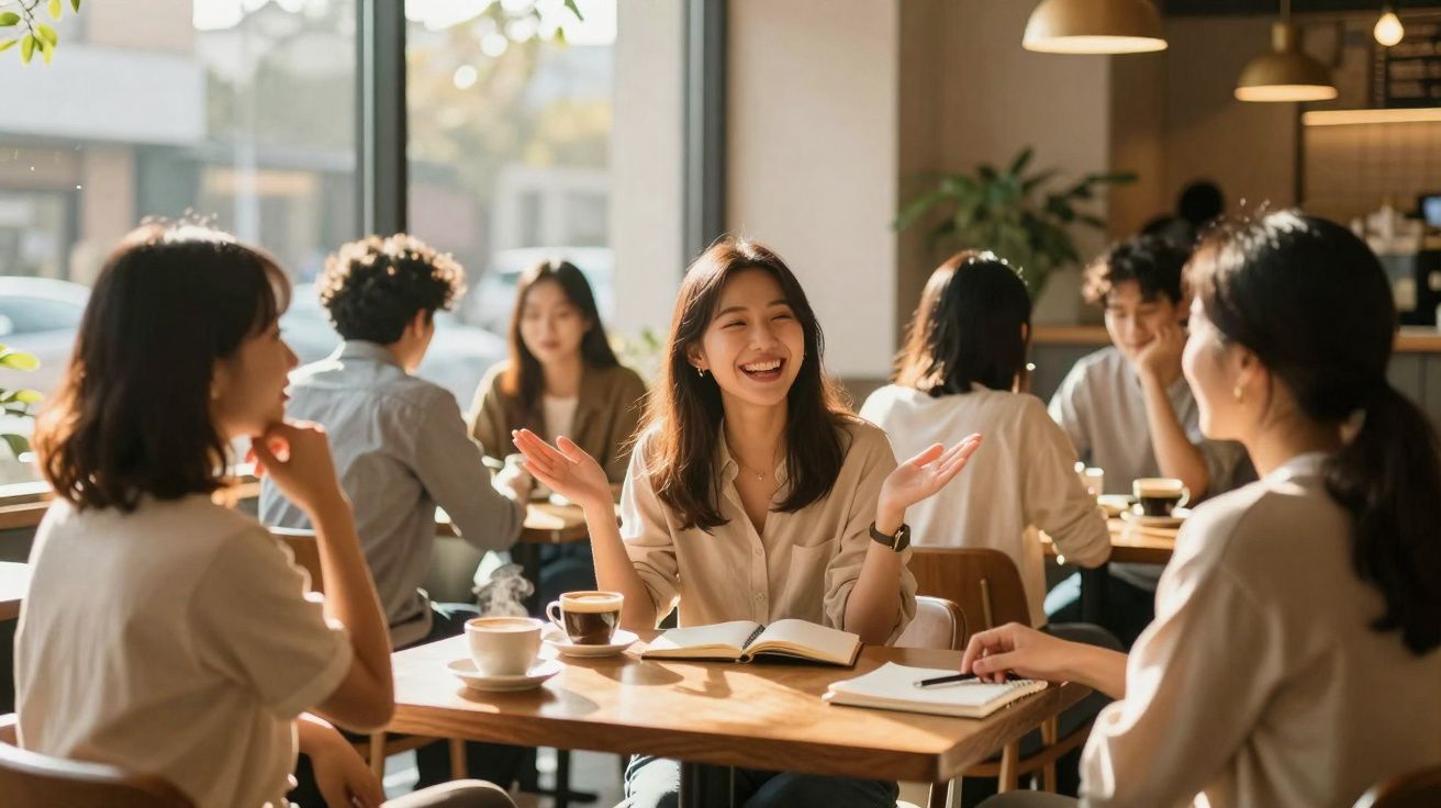 Jovens sentados e a conversar animadamente numa cafetaria iluminada pela luz natural.