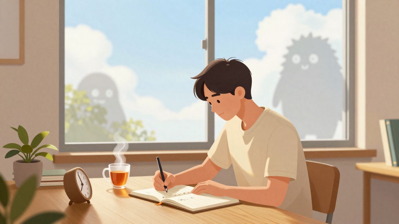 Jovem escreve num caderno sentado à mesa, com chá quente e relógio, sombras estranhas no exterior na janela.