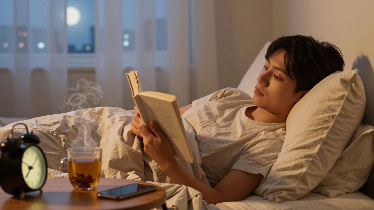 Homem deitado na cama a ler um livro, com chá quente e telemóvel numa mesa ao lado à noite.