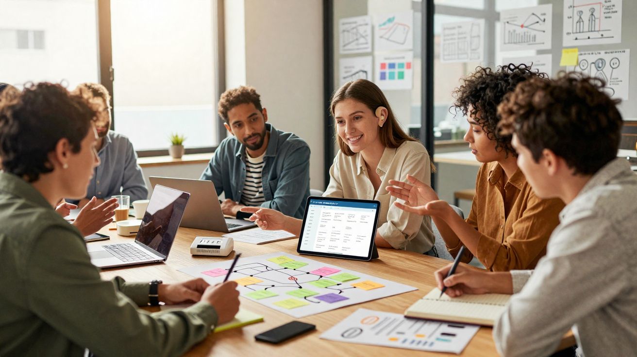 Grupo de jovens em reunião de trabalho com laptop, tablet e notas numa sala iluminada por luz natural.