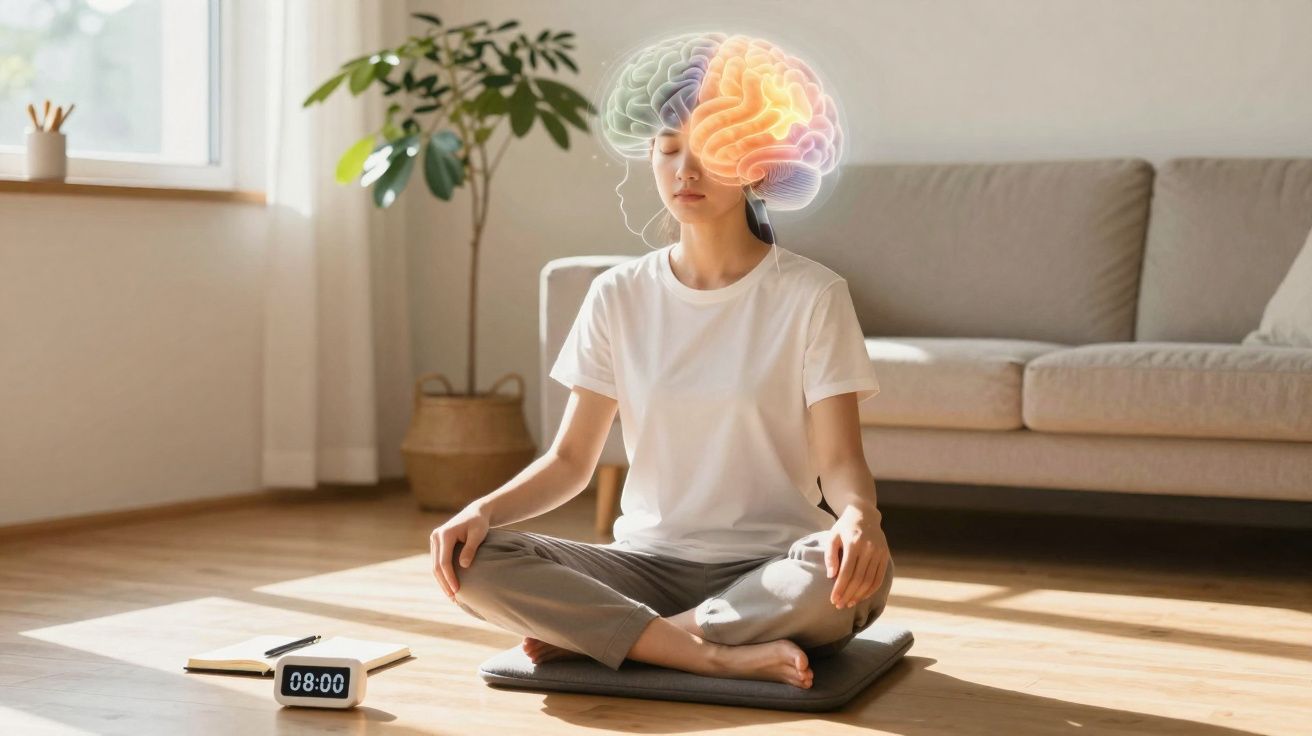 Mulher sentada em meditação no chão com ilustração colorida do cérebro sobre a cabeça.