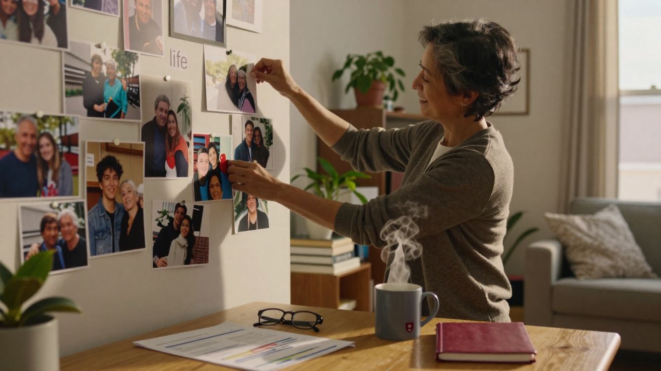 Mulher de meia-idade a pôr fotografias familiares numa parede numa sala acolhedora iluminada.