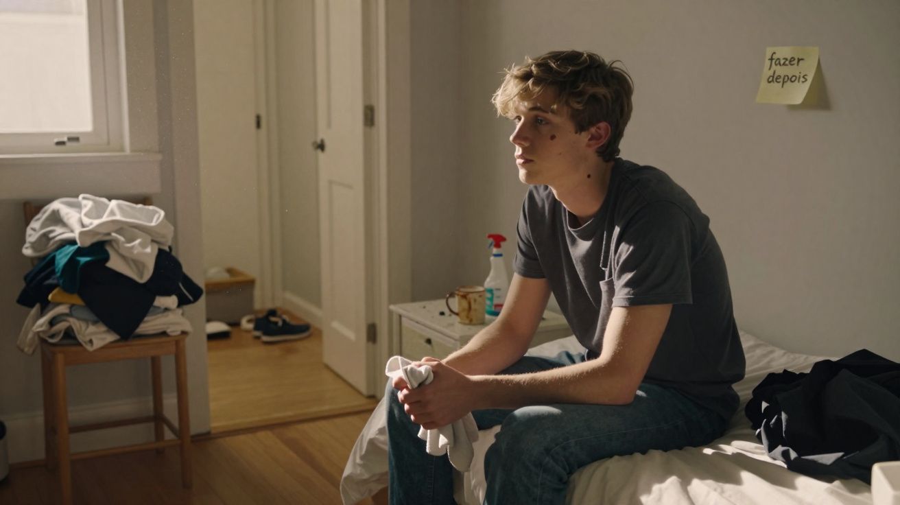 Jovem sentado na cama de um quarto desarrumado com um post-it na parede a dizer "fazer depois".