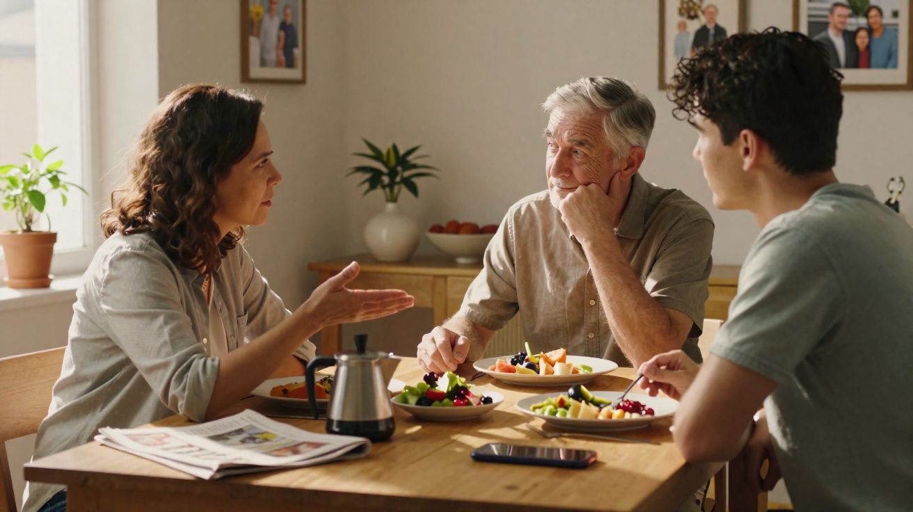 Três pessoas sentadas à mesa a conversar durante uma refeição saudável numa sala iluminada.