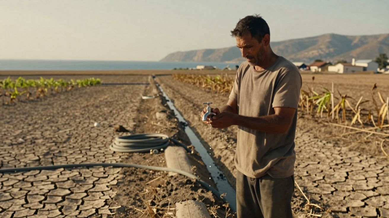 Homem numa plantação seca tenta tirar água de uma torneira numa zona de terreno rachado.