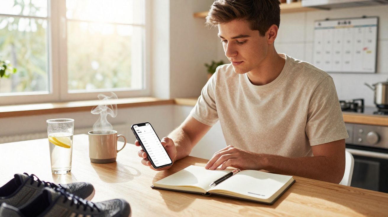 Jovem sentado à mesa com telemóvel, caderno aberto, chá quente e copo de água com limão na cozinha.
