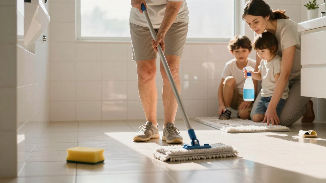Pessoa a limpar o chão com esfregona, enquanto mulher e duas crianças observam num ambiente doméstico iluminado.