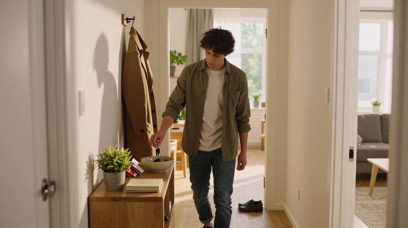 Jovem num corredor de casa a pousar as chaves numa taça sobre um móvel de madeira.