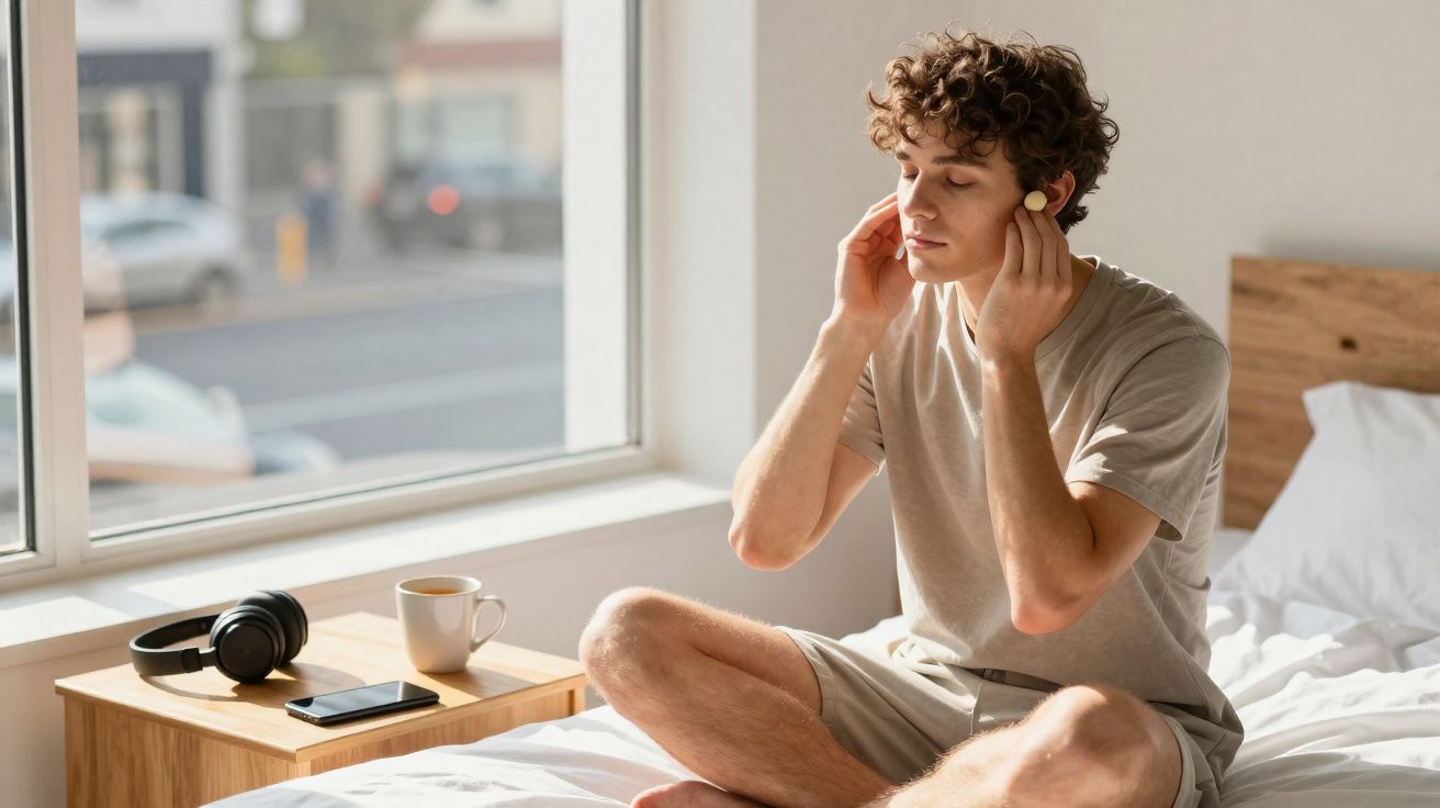Homem sentado na cama a colocar auscultadores sem fios, com luz natural a entrar pela janela.