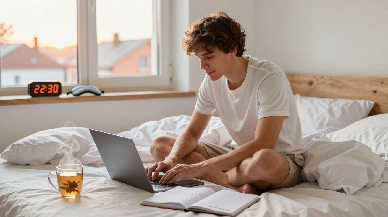 Homem jovem sentado na cama a trabalhar num computador portátil, chá quente e caderno ao lado, luz da noite.