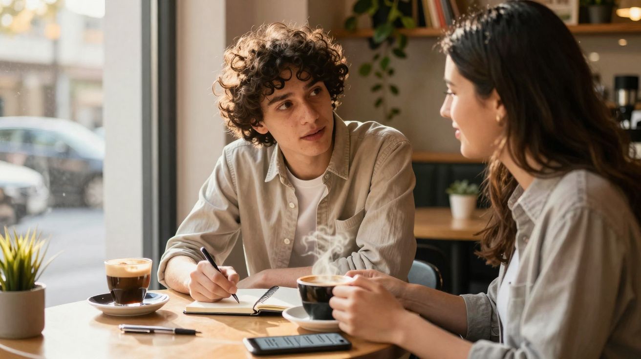 Dois jovens conversam numa cafetaria, com café e caderno à frente na mesa junto à janela.