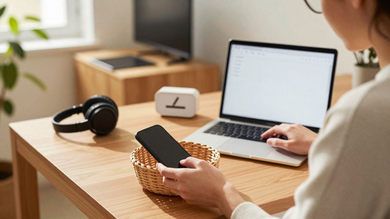 Pessoa a usar telemóvel e computador portátil numa secretária com auscultadores e relógio digital.