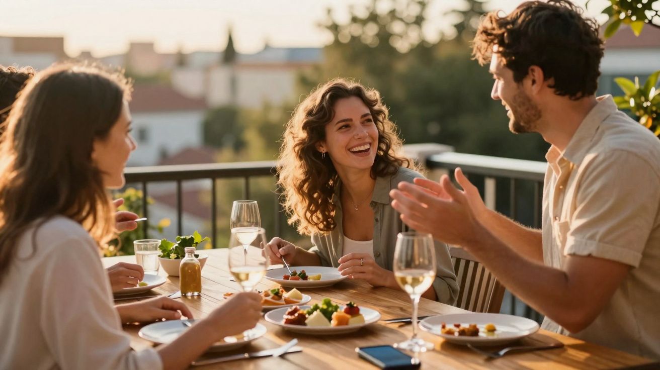 Grupo de amigos a jantar ao ar livre, a conversar e sorrir num final de tarde ensolarado.