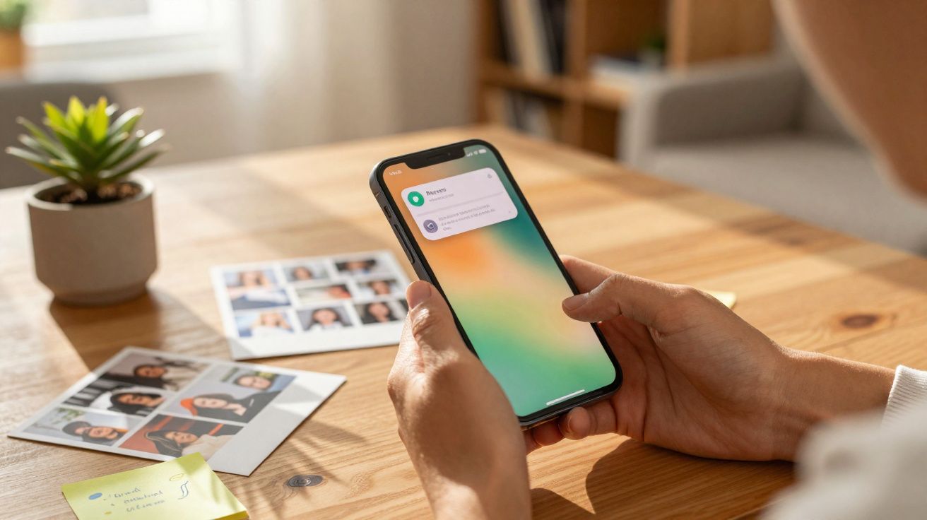 Pessoa a segurar telemóvel com notificações visíveis, sobre mesa de madeira com plantas e fotografias.