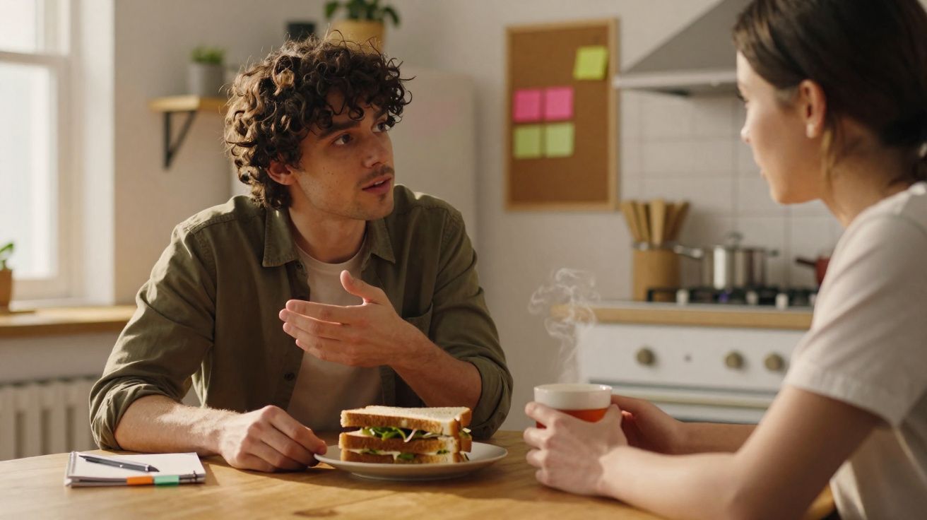 Homem e mulher conversam sentados à mesa de cozinha com sanduíche e chá quente à frente.