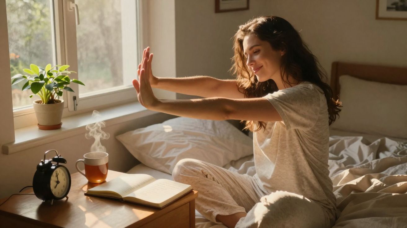 Mulher a alongar-se na cama numa manhã iluminada, com chá quente e despertador na mesa junto à janela.
