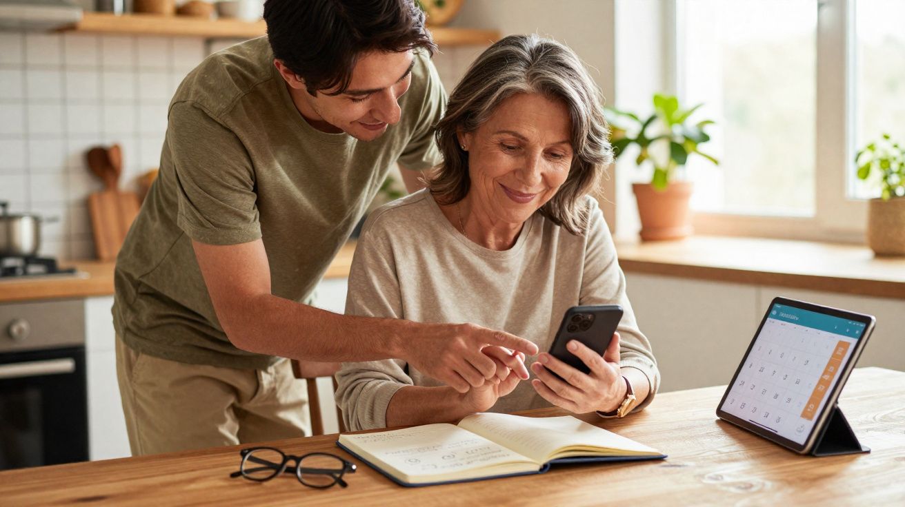 Jovem ajuda mulher a usar telemóvel enquanto está sentada à mesa com caderno aberto e tablet na cozinha.