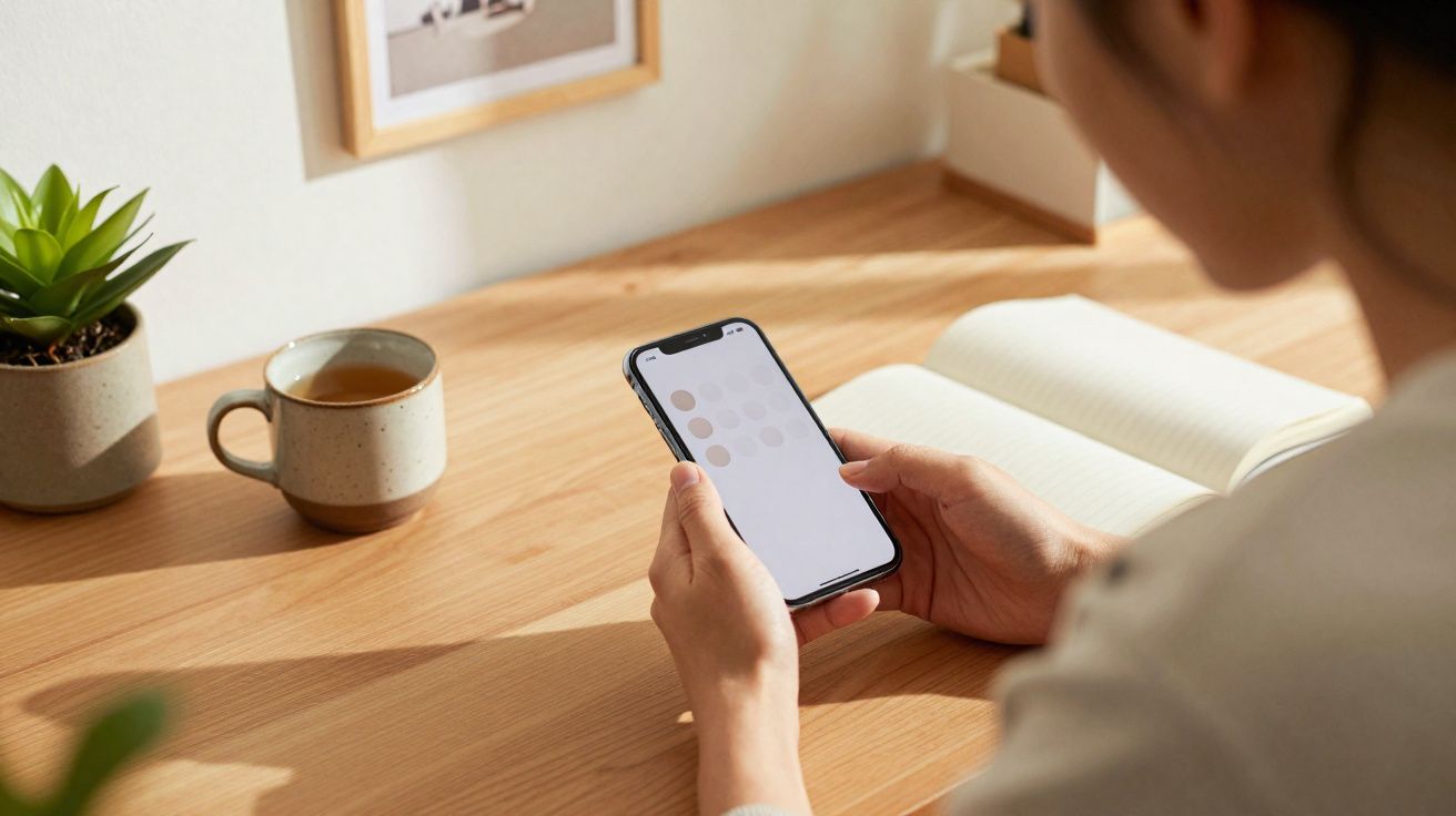 Pessoa a segurar um telemóvel e consultar a tela, sentada numa mesa com uma planta, chá e caderno aberto.