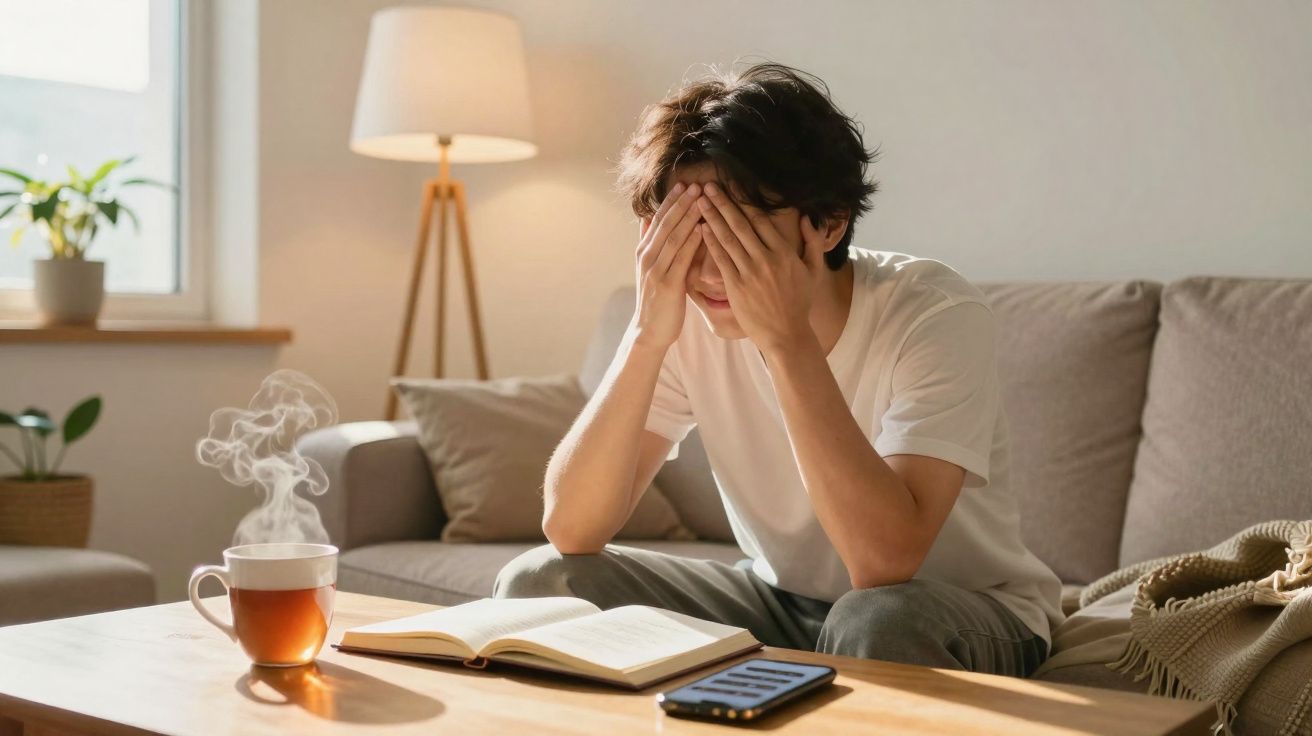 Jovem sentado no sofá com mãos na cara, livro aberto, chá fumegante e telemóvel numa mesa de madeira.