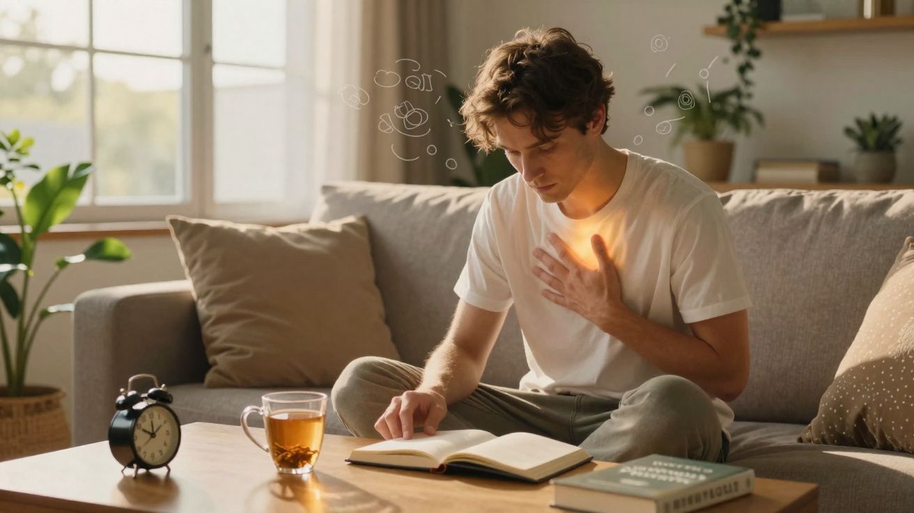 Homem sentado no sofá com mão no peito e lendo livro, expressão de desconforto, chá e relógio na mesa.