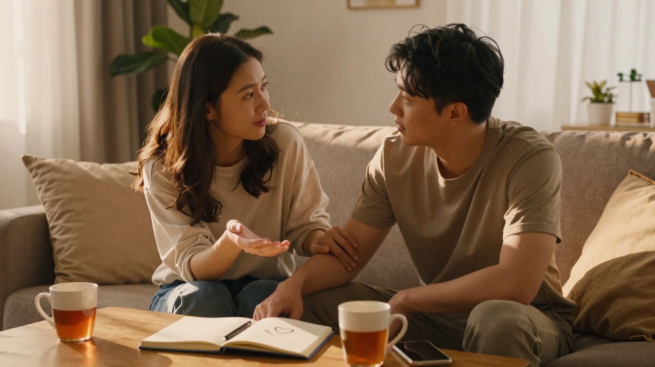 Casal sentado no sofá em conversa séria, com chá e caderno numa mesa de madeira à frente.