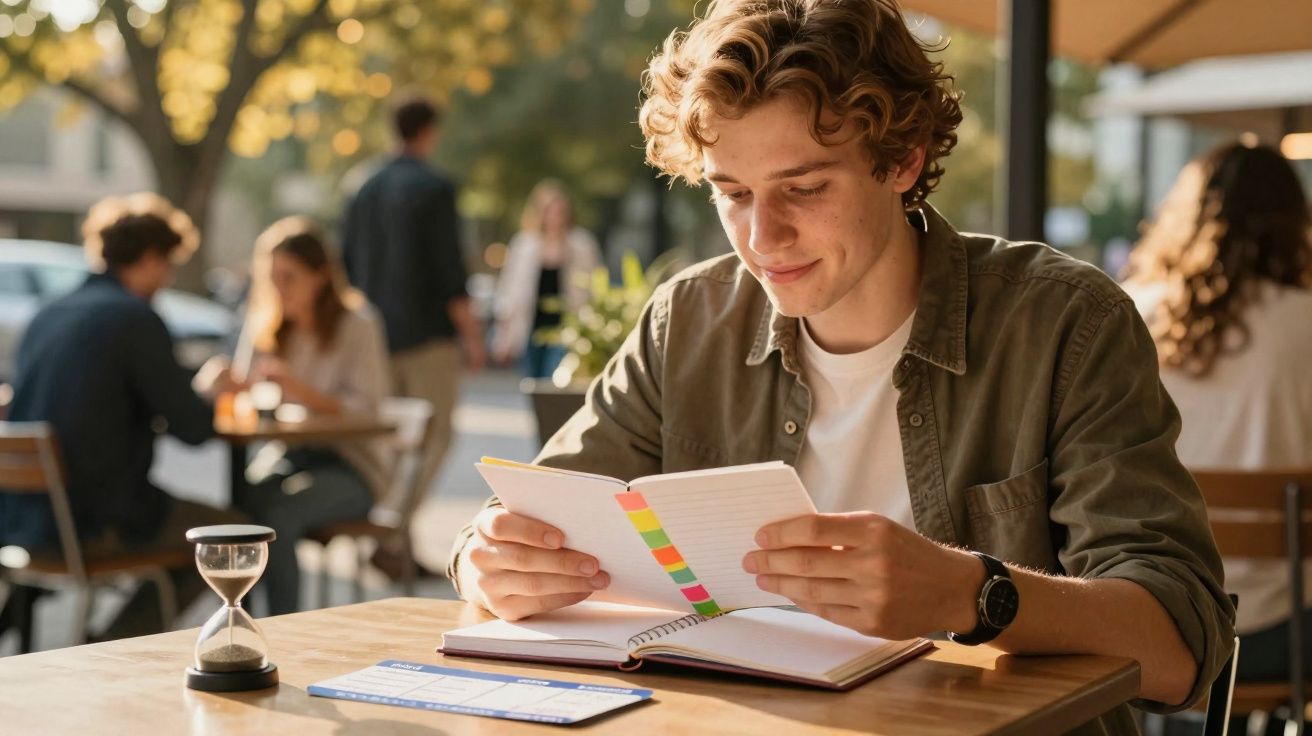 Jovem sentado numa esplanada a ler um caderno com marcador colorido ao final da tarde.