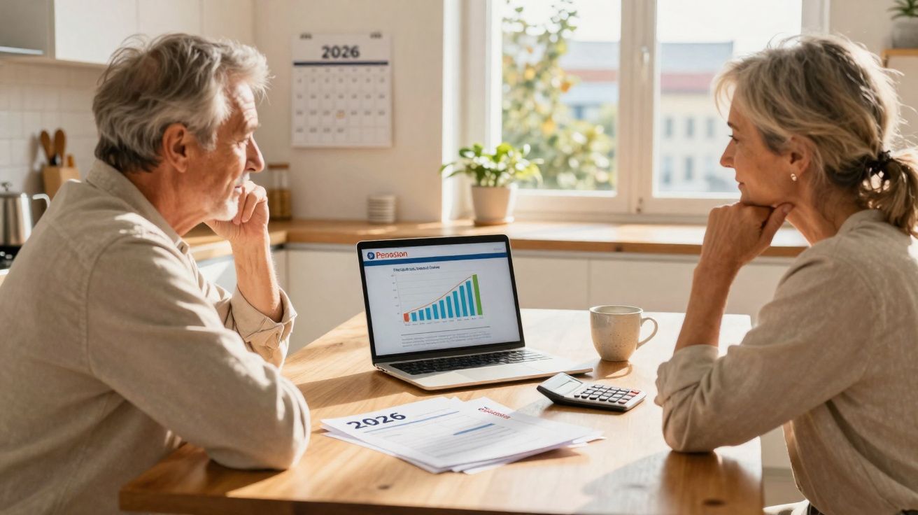 Casal sénior a analisar gráficos de poupança para a reforma num portátil numa cozinha iluminada.