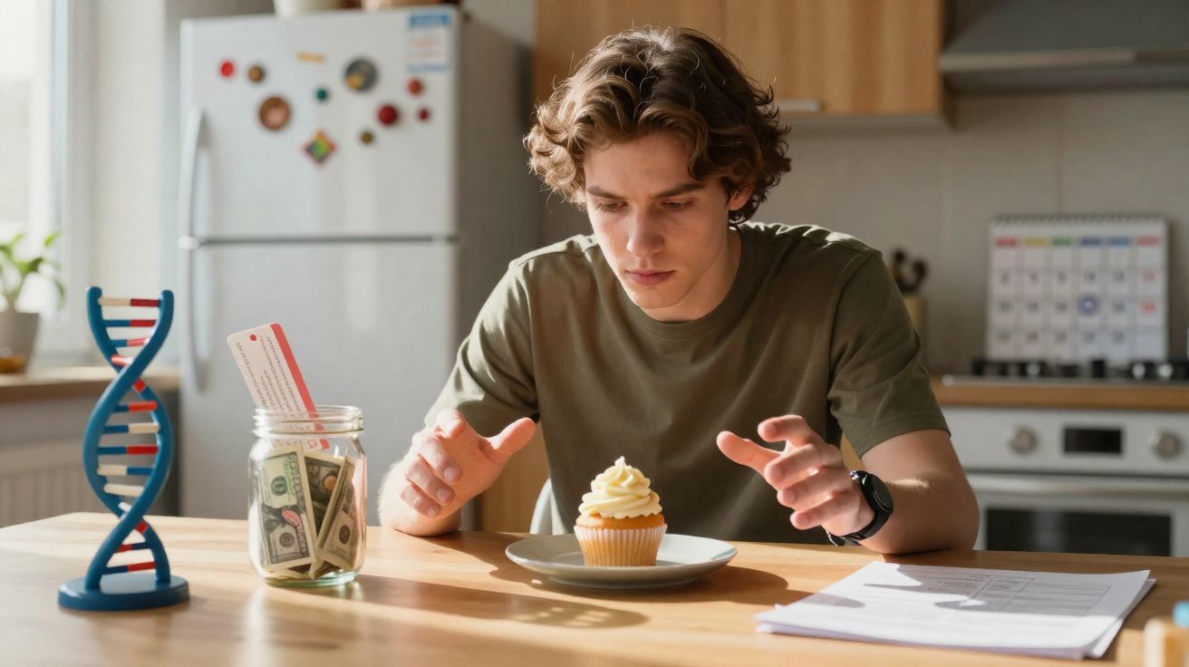 Jovem sentado à mesa a olhar para um cupcake, com um frasco de dinheiro e modelo de ADN ao lado.