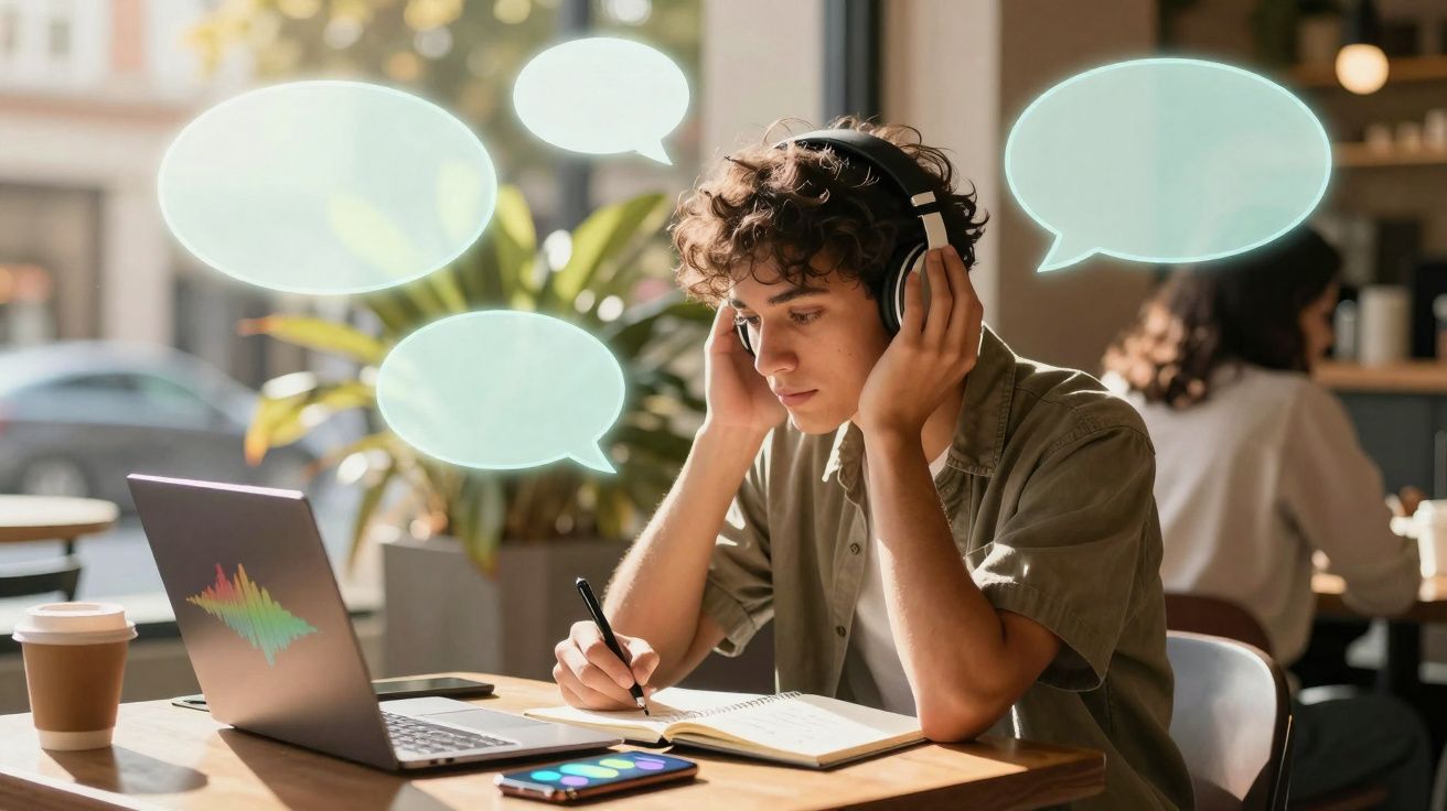 Jovem com auscultadores a estudar e a escrever num caderno, com laptop e telemóvel numa mesa de café.