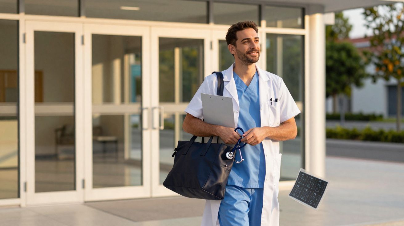Médico com bata branca e estetoscópio, segurando pasta e porta-cartas, a caminhar à entrada de um hospital.
