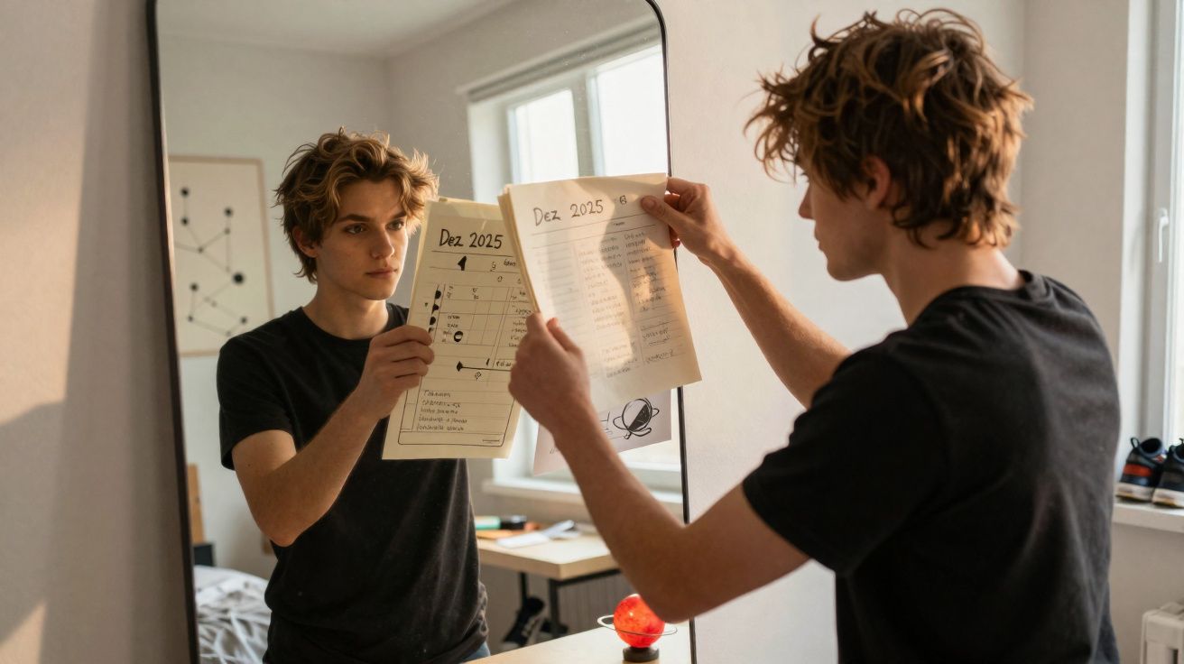 Jovem de cabelo castanho claro segura papéis com anotações e olha para si mesmo num espelho grande.